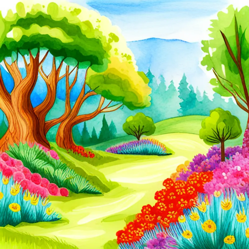 A beautiful forest with colorful trees and flowers
