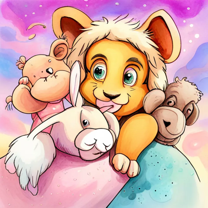A A golden lion with a majestic mane and kind eyes., a A playful monkey with a mischievous smile and a curly tail., a A gentle elephant with big ears and a long trunk., and a A fluffy white rabbit with twitching pink nose and ears.