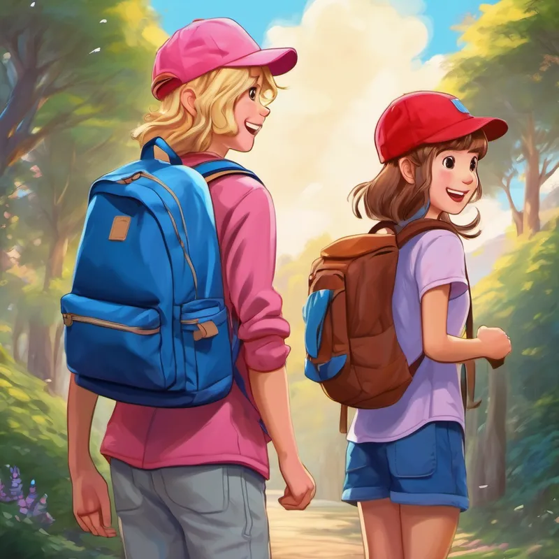Blond hair, blue backpack, red cap and Brown hair, blue backpack, pink hat with backpacks, looking excited