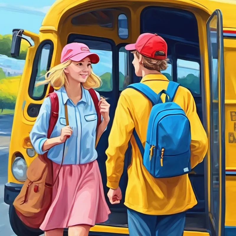 Blond hair, blue backpack, red cap and Brown hair, blue backpack, pink hat getting on a yellow Postbus