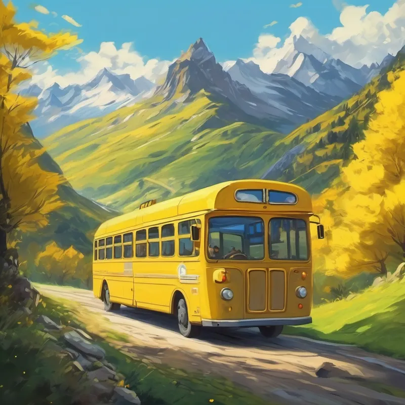 Mountain landscape with the yellow Postbus driving