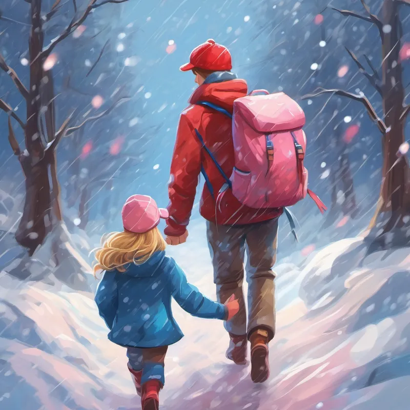 Blond hair, blue backpack, red cap and Brown hair, blue backpack, pink hat in the snowstorm, holding hands