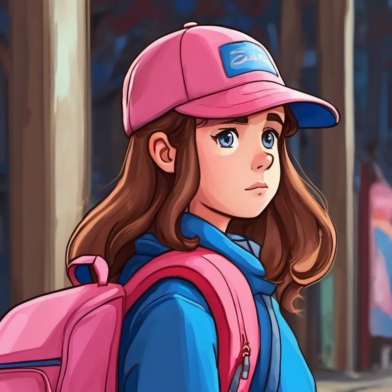 Brown hair, blue backpack, pink hat looking worried, Blond hair, blue backpack, red cap thinking