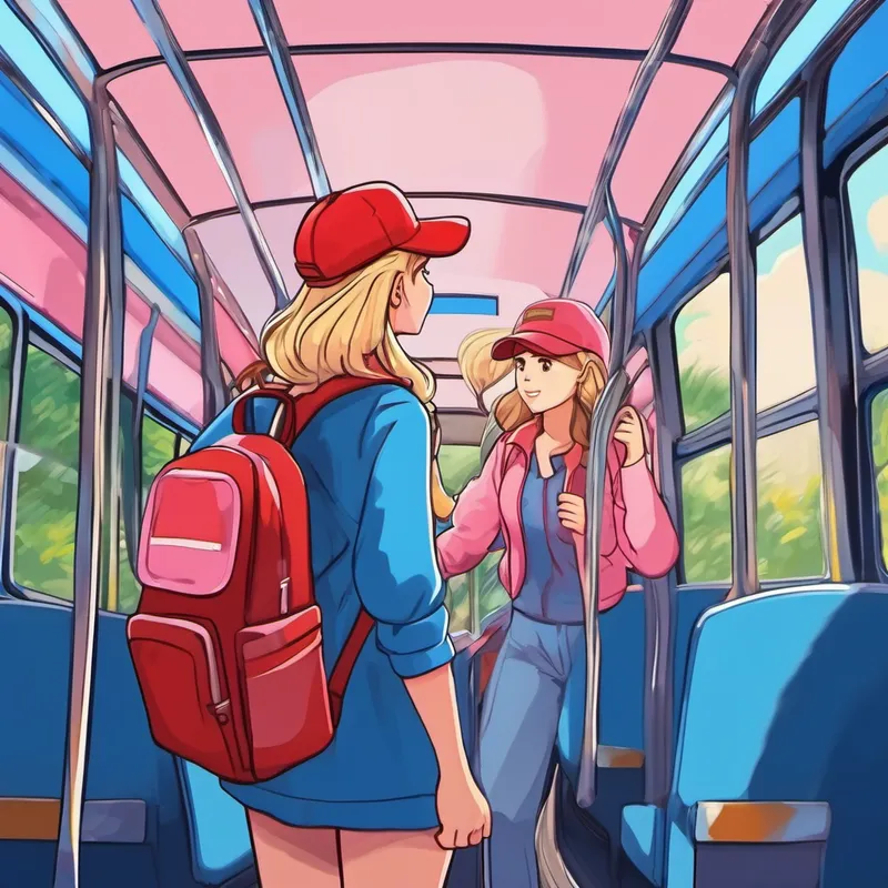 Bus driver throwing a rope to save Blond hair, blue backpack, red cap and Brown hair, blue backpack, pink hat