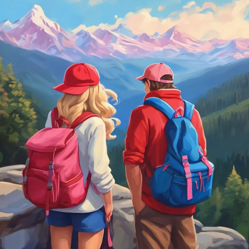 Blond hair, blue backpack, red cap and Brown hair, blue backpack, pink hat in a cozy mountain hotel