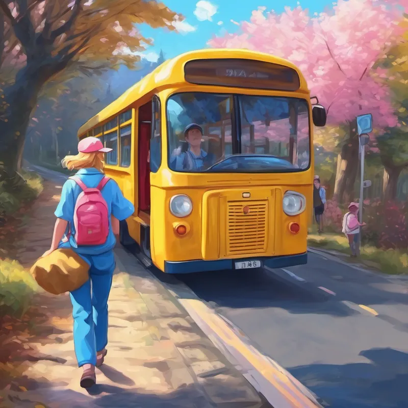 Blond hair, blue backpack, red cap and Brown hair, blue backpack, pink hat waving goodbye to the yellow Postbus