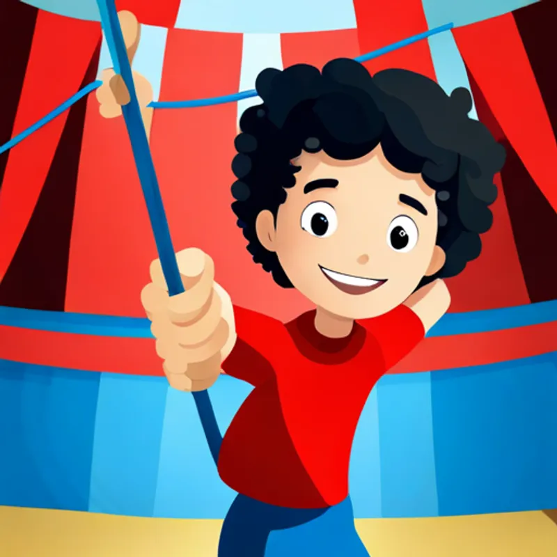 Boy with curly hair, red shirt, and a big smile standing with a tightrope in a circus tent