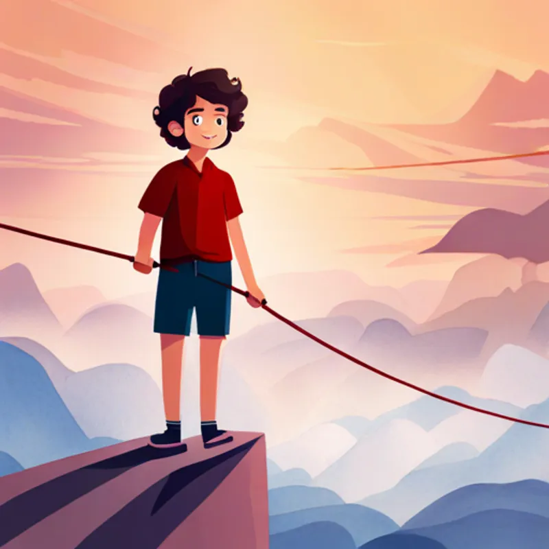 Boy with curly hair, red shirt, and a big smile with wide eyes watching tightrope walkers