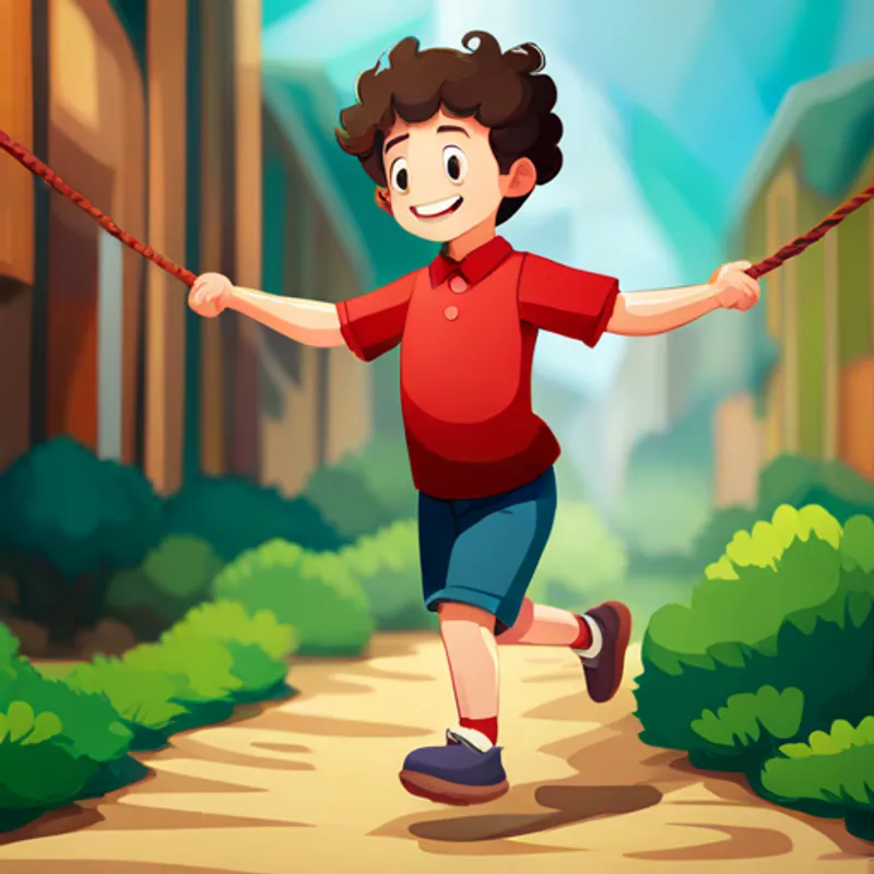 Boy with curly hair, red shirt, and a big smile walking on a small rope in his backyard