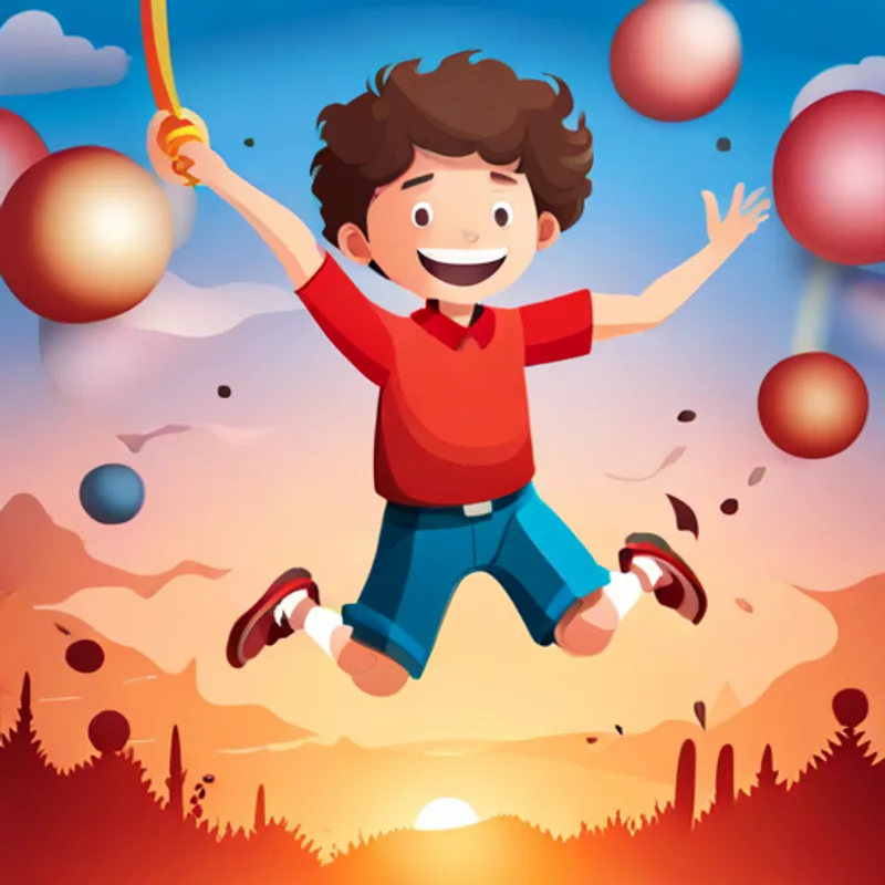 Boy with curly hair, red shirt, and a big smile jumping with excitement, holding a circus invitation