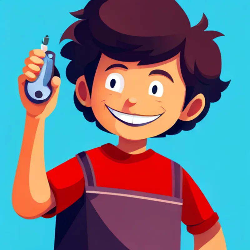 Boy with curly hair, red shirt, and a big smile holding a blood sugar monitor and insulin pen
