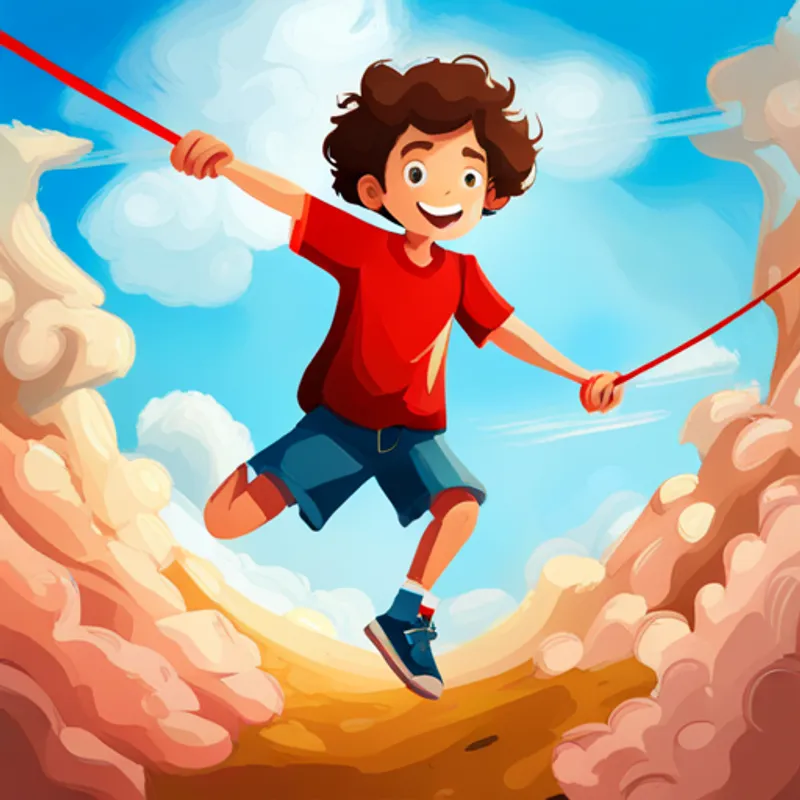 Boy with curly hair, red shirt, and a big smile balancing on a tightrope while holding a blood sugar monitor