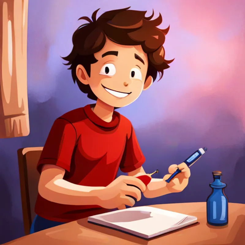 Boy with curly hair, red shirt, and a big smile checking blood sugar levels and taking insulin backstage