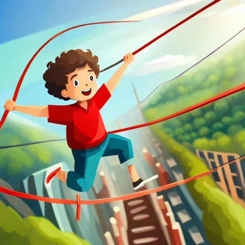 Boy with curly hair, red shirt, and a big smile on a tightrope surrounded by amazed audience members