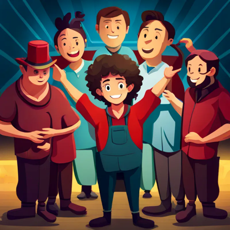 Boy with curly hair, red shirt, and a big smile standing proudly, surrounded by circus performers