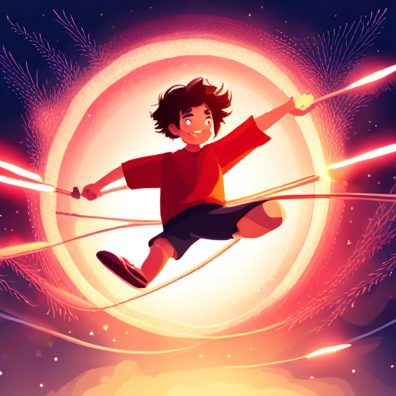 Boy with curly hair, red shirt, and a big smile on a tall tightrope surrounded by fireworks