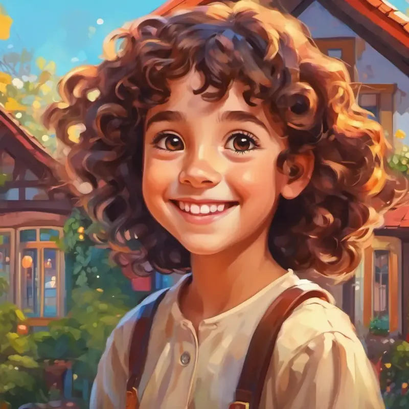 In a colorful house, Young girl with curly brown hair and big sparkling eyes smiles happily.