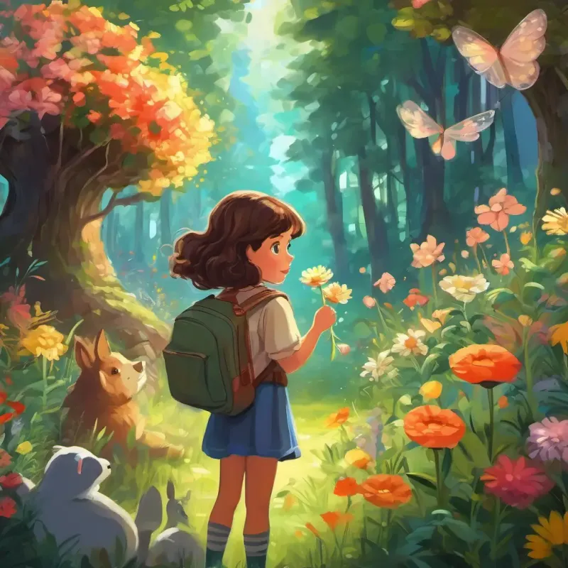 In the forest, Young girl with curly brown hair and big sparkling eyes discovers talking animals and beautiful flowers.