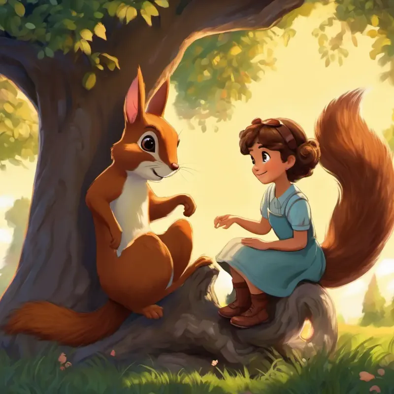 Sitting under a majestic tree, Young girl with curly brown hair and big sparkling eyes talks to A friendly squirrel with soft fur and a bushy tail.