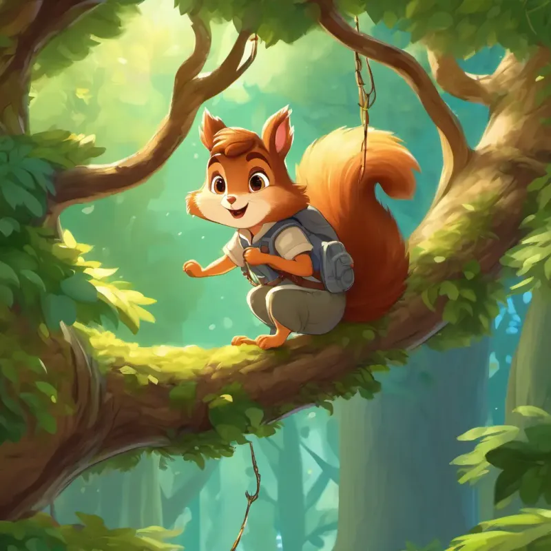 In a leafy tree, A friendly squirrel with soft fur and a bushy tail teaches Young girl with curly brown hair and big sparkling eyes tree-climbing skills.
