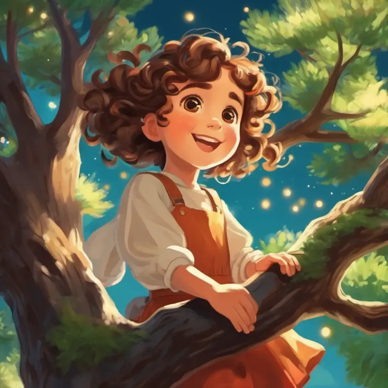 At the top of the tree, Young girl with curly brown hair and big sparkling eyes waves happily.
