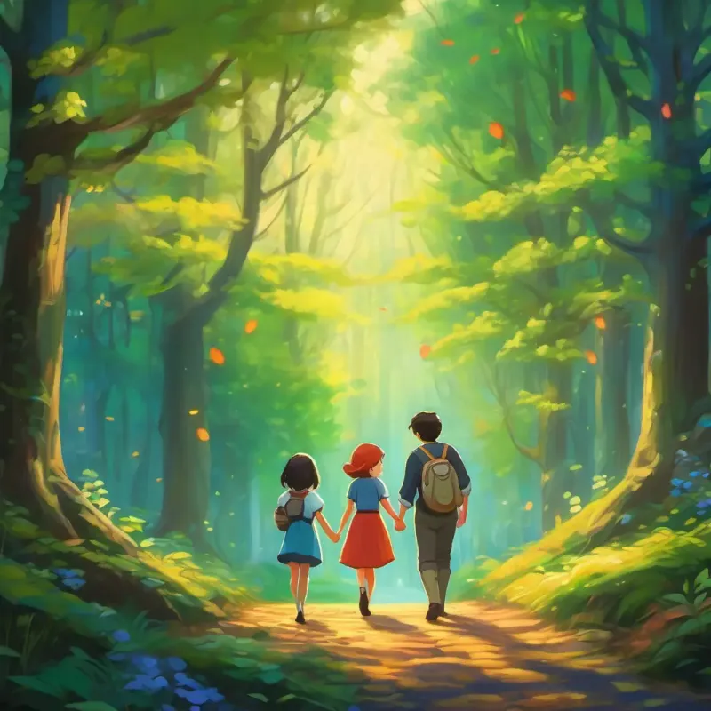 Holding hands, they venture into the enchanted forest.