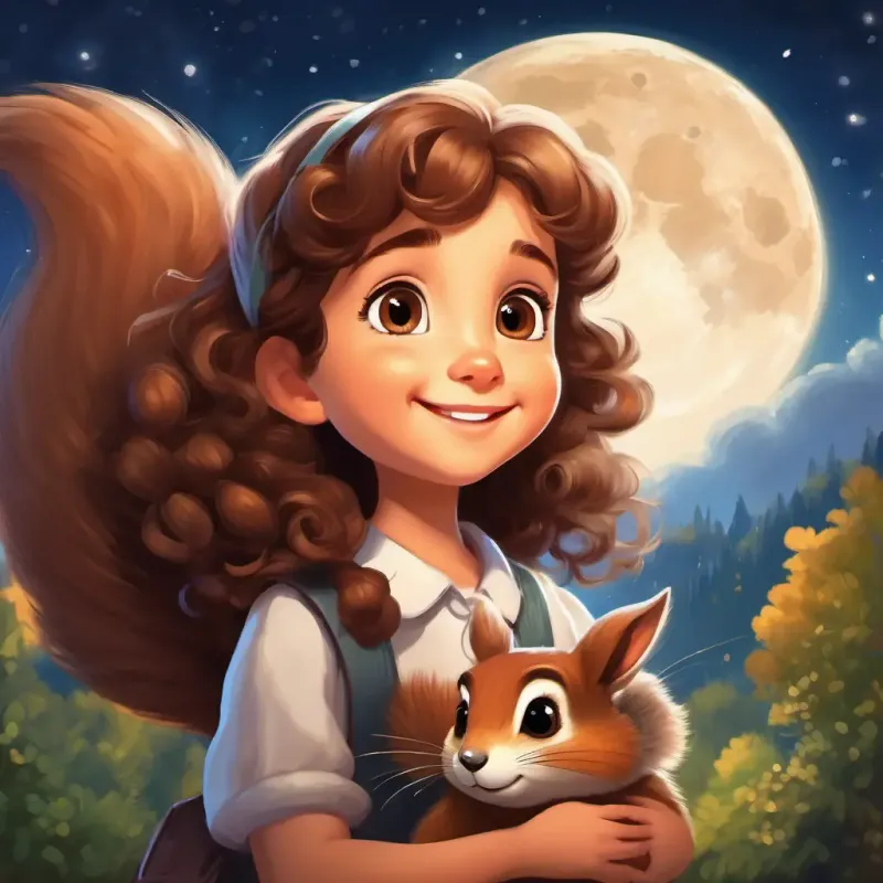 Under a shining moon, Young girl with curly brown hair and big sparkling eyes and A friendly squirrel with soft fur and a bushy tail smile contentedly.