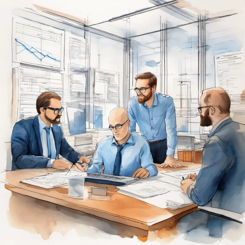 Key analyst, brown hair, glasses, sharp blue eyes in IT department, discussing analytics platform with IT Manager, short beard, balding, warm brown eyes and team.