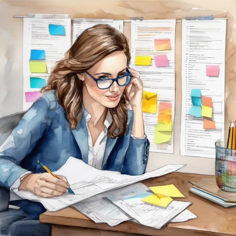 Key analyst, brown hair, glasses, sharp blue eyes documents requirements, creates project plan with sticky notes.
