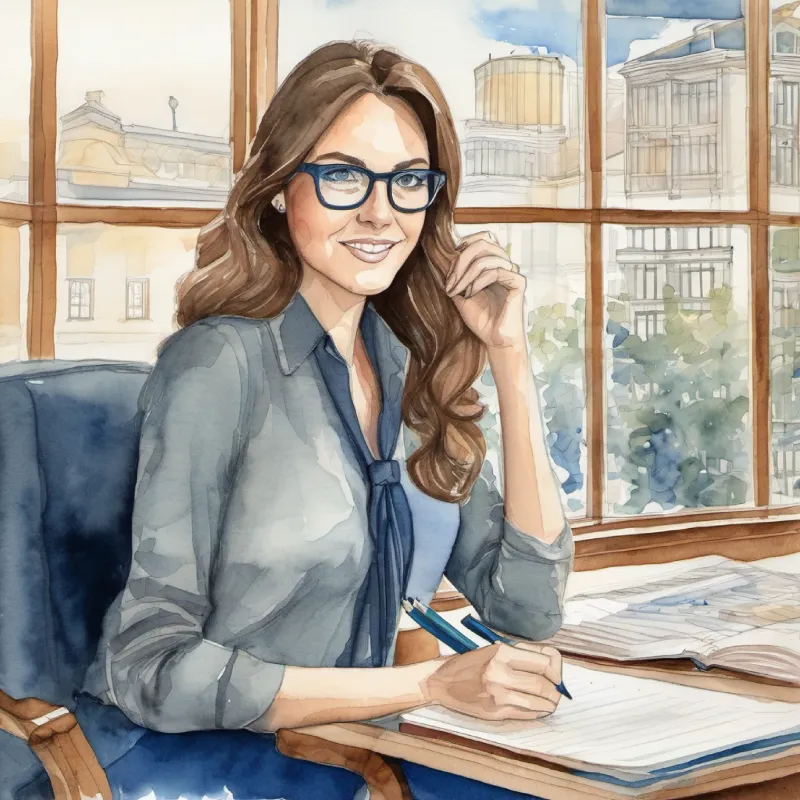 Key analyst, brown hair, glasses, sharp blue eyes reflects on her accomplishments of the day.