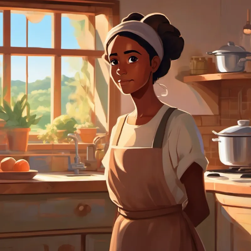 Young girl, brown skin, dark eyes, curious and Older woman, brown skin, kind eyes, wise in the kitchen, morning light streaming in