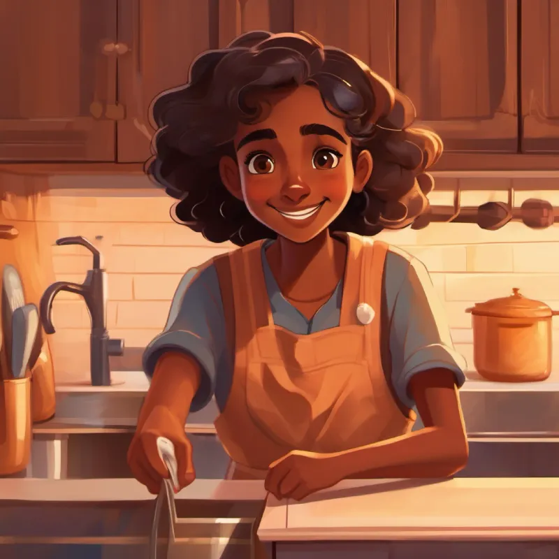 Young girl, brown skin, dark eyes, curious washing hands, Older woman, brown skin, kind eyes, wise smiling and hugging, morning kitchen