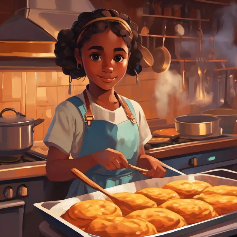 Young girl, brown skin, dark eyes, curious frying dough, sizzling sound, pan bubbling
