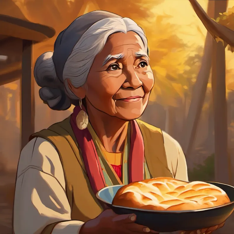 Finished fry bread, golden brown, Older woman, brown skin, kind eyes, wise praising Young girl, brown skin, dark eyes, curious