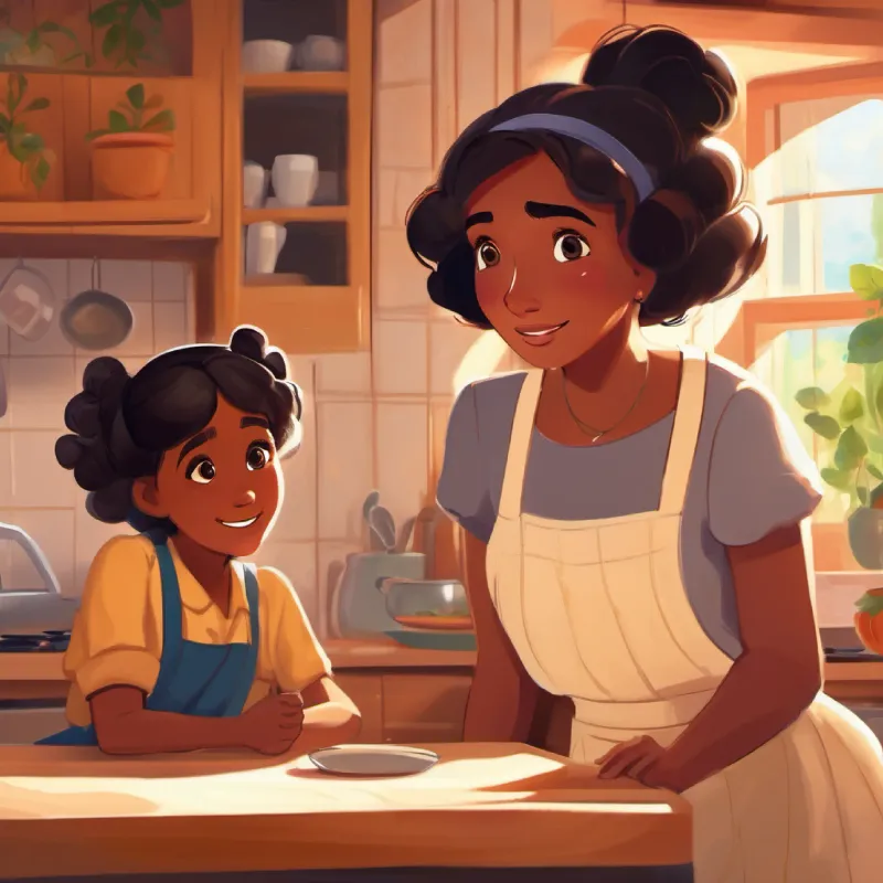 Young girl, brown skin, dark eyes, curious enthusiastic, speaking to Older woman, brown skin, kind eyes, wise, bright kitchen