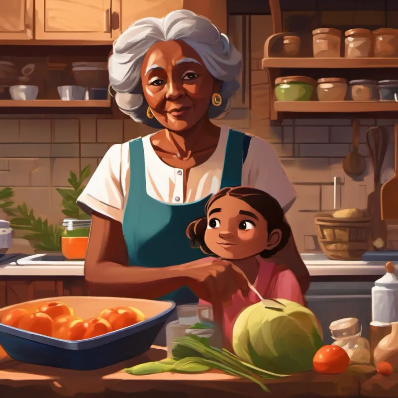 Ingredients on the kitchen counter, Older woman, brown skin, kind eyes, wise and Young girl, brown skin, dark eyes, curious standing by