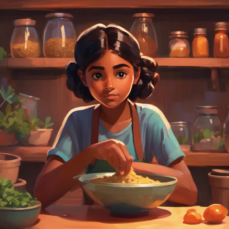 Young girl, brown skin, dark eyes, curious stirring ingredients in a bowl, focused expression