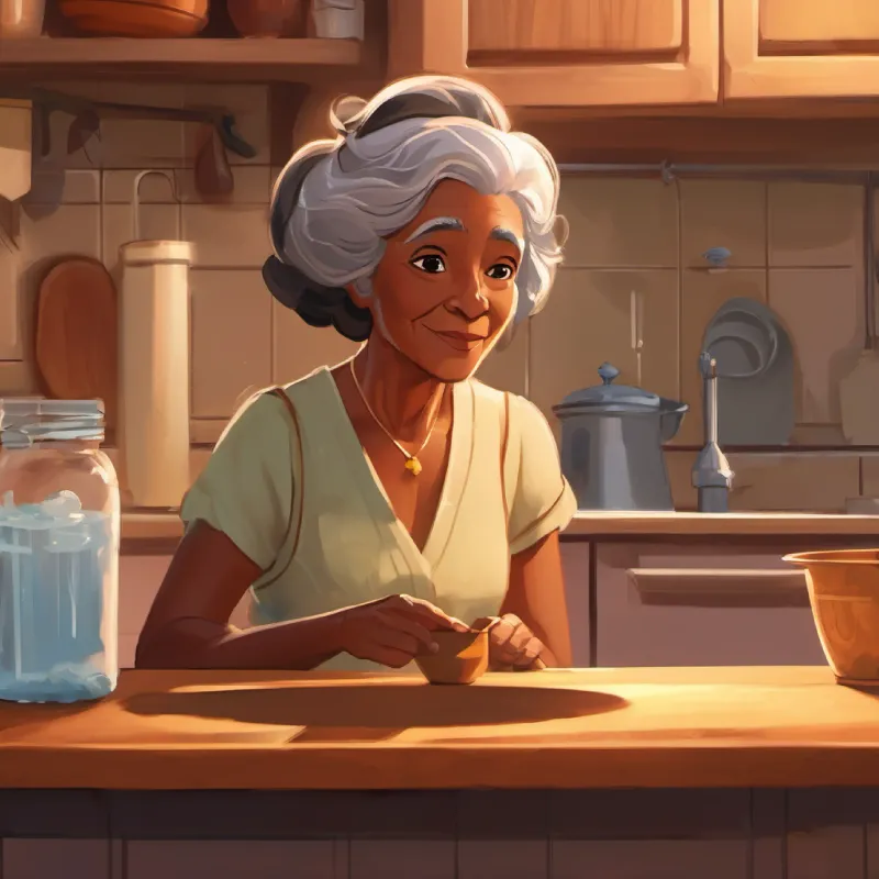 Older woman, brown skin, kind eyes, wise pouring water, Young girl, brown skin, dark eyes, curious stirring, kitchen counter