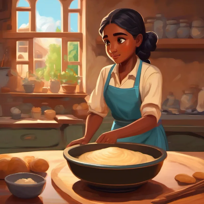 Dough in bowl, Young girl, brown skin, dark eyes, curious kneading, Older woman, brown skin, kind eyes, wise instructing