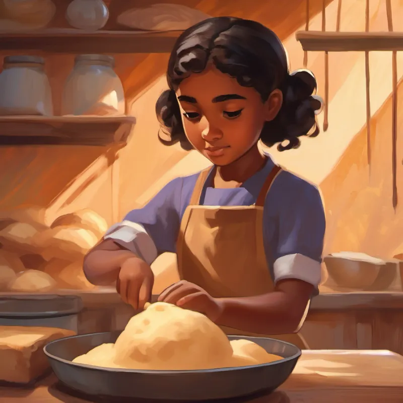 Close-up of Young girl, brown skin, dark eyes, curious kneading dough, texture visible