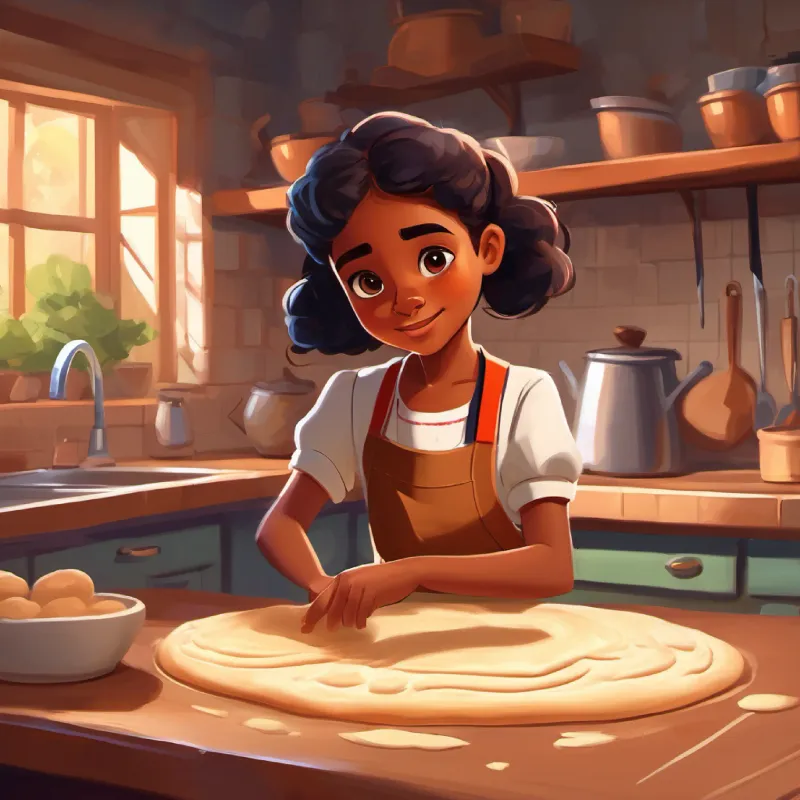 Young girl, brown skin, dark eyes, curious shaping and flattening dough, hands working on kitchen counter