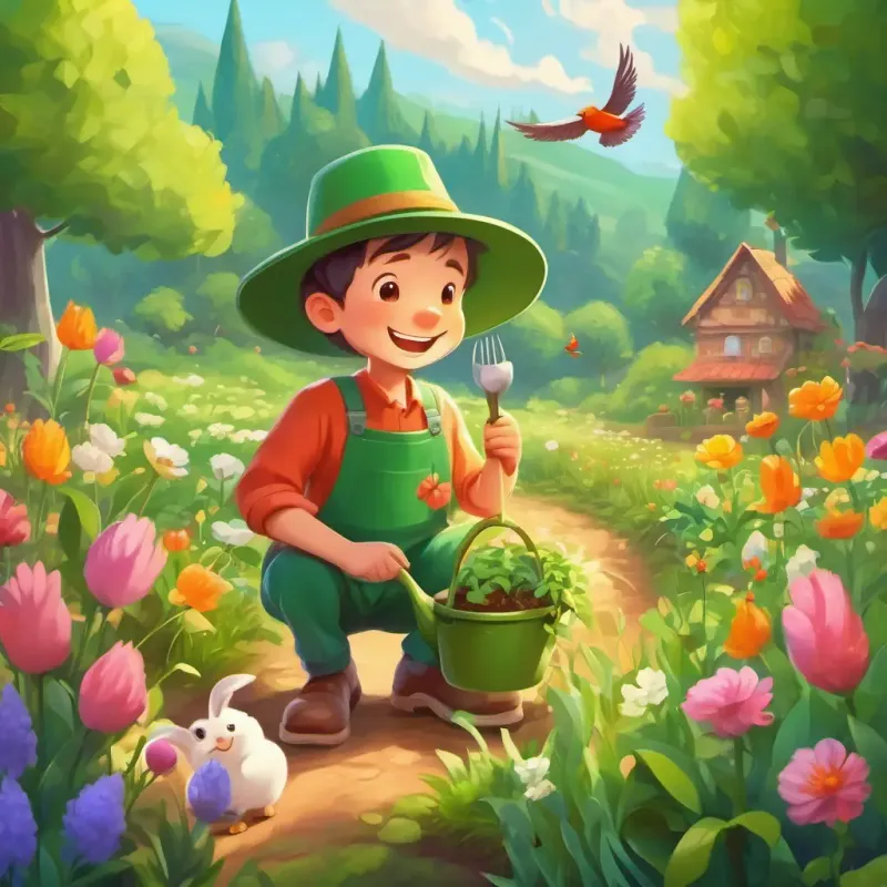 On the first page, we see A kind gardener with a big smile and a green hat happily planting a tiny seed in a colorful garden with rabbits and birds hopping and singing around him.