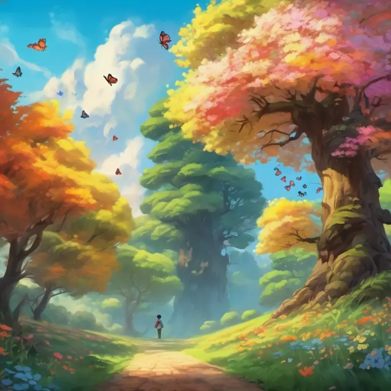In this page, we see the Great Mother tree standing tall with colorful butterflies and friendly animals admiring its enchanting blooms.