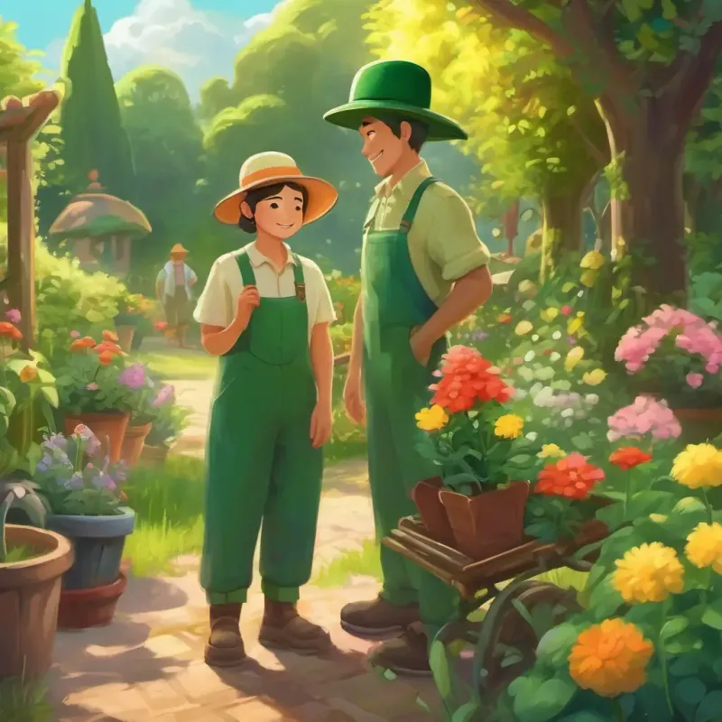 Now, we see the Guardians giggling and working in the garden, but A kind gardener with a big smile and a green hat looks a bit sad as they take credit for the beautiful flowers.