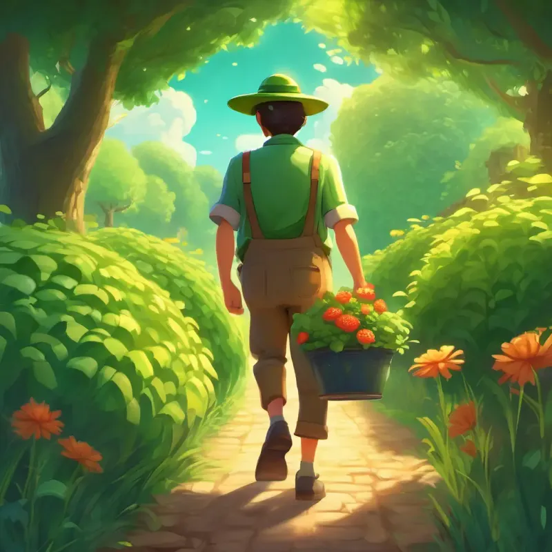 On this page, we see A kind gardener with a big smile and a green hat happily walking away with a big smile, ready for a new adventure, while the A mysterious and wise presence with a warm glow watches over him.