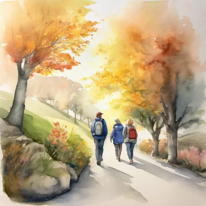 Long walk, friends chatting and sharing stories.
