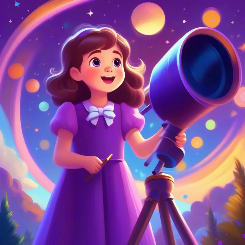 Curious girl with brown hair, wearing a purple dress and blue bow looks excited with her magic telescope, bright colors all around.