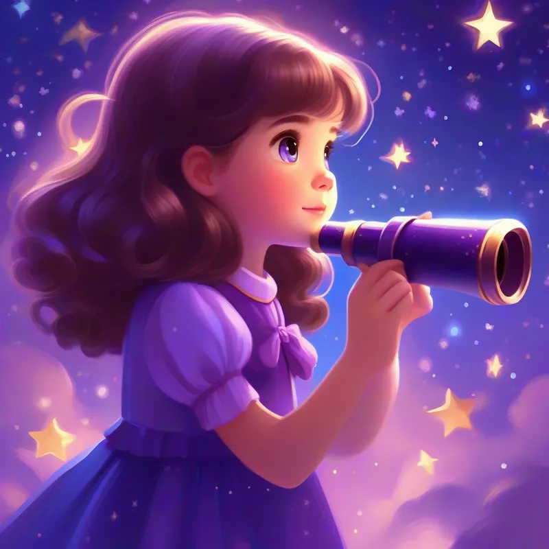Curious girl with brown hair, wearing a purple dress and blue bow holding her magical telescope, surrounded by twinkling stars.