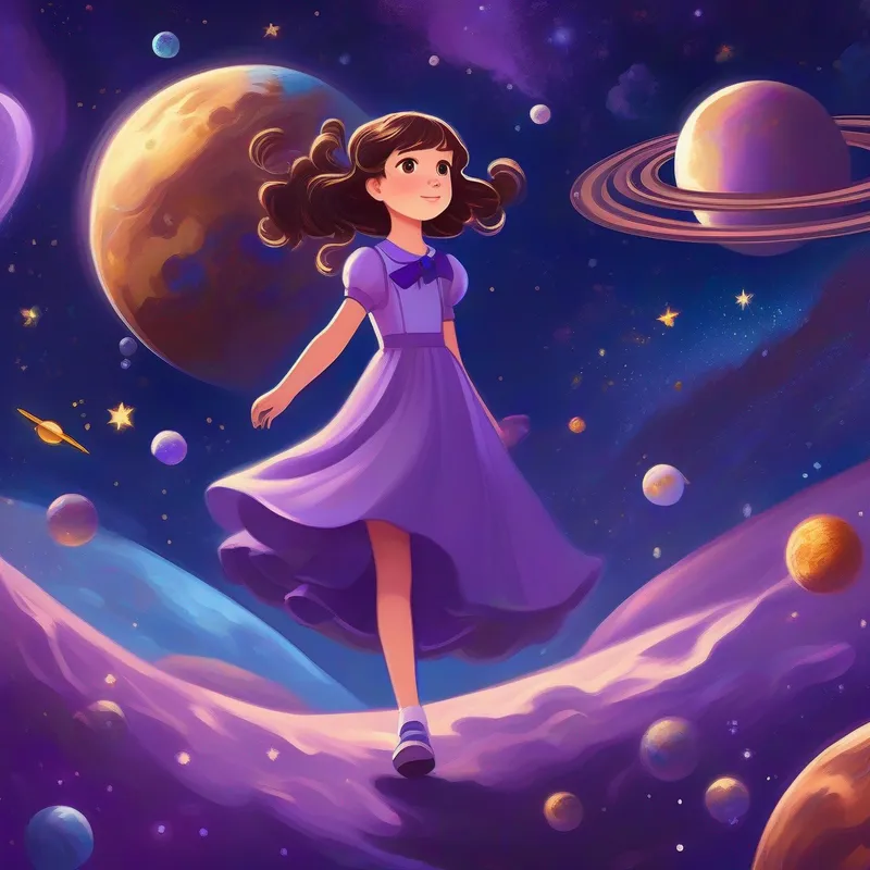 Curious girl with brown hair, wearing a purple dress and blue bow floating in space, surrounded by Mercury, Venus, and Earth.