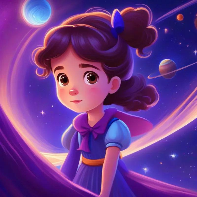 Curious girl with brown hair, wearing a purple dress and blue bow zooming past Mars, Jupiter, Saturn, Uranus, and Neptune.